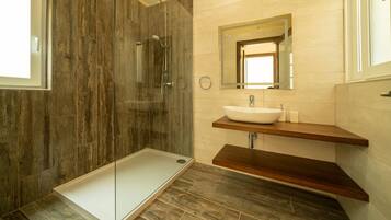A modern bathroom with a glass-enclosed shower, a wooden vanity with a vessel sink, and a mirror above the sink.