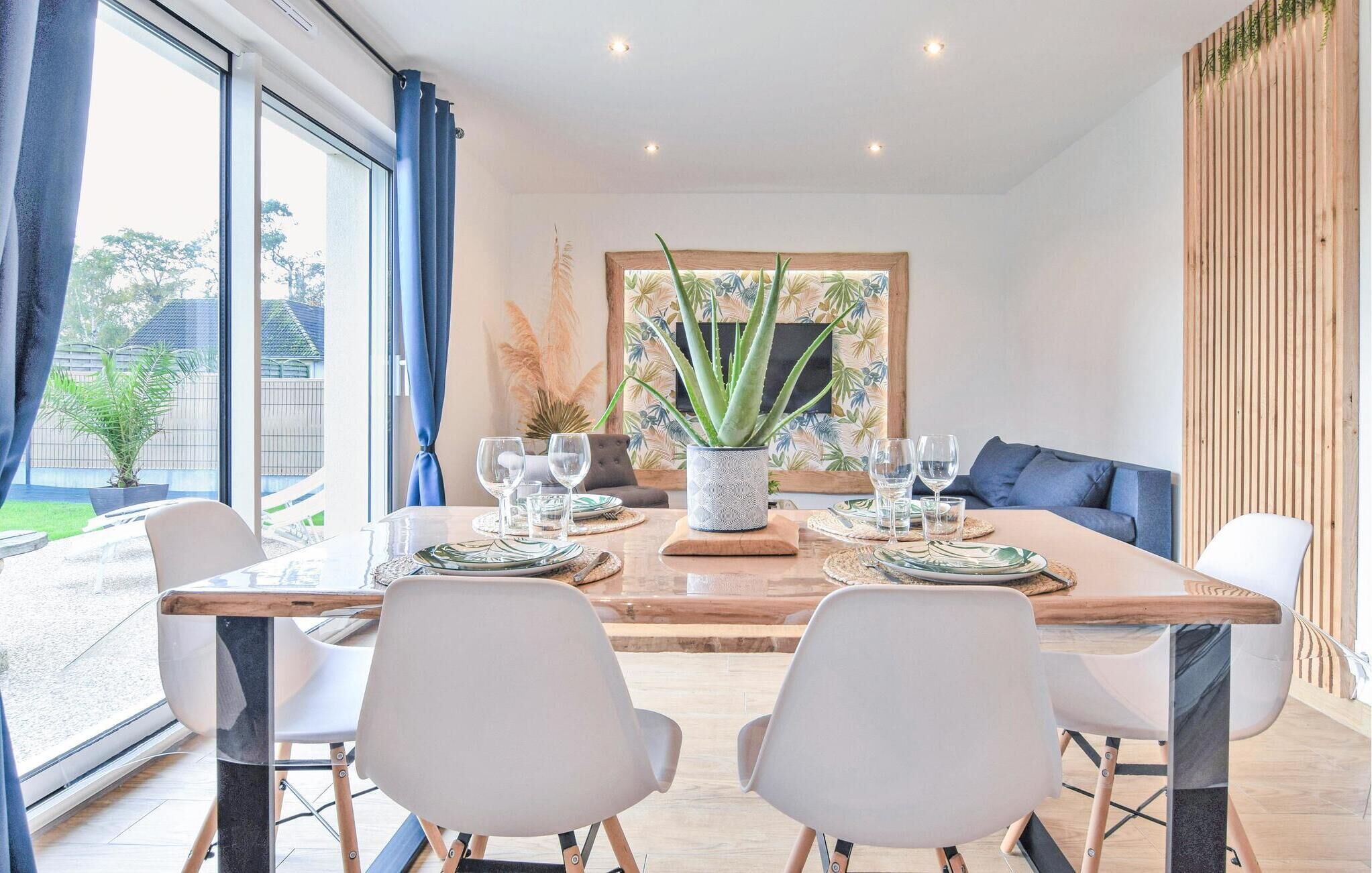 A dining area with a wooden table, white chairs, and a potted aloe vera plant.