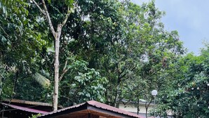 Un espacio de estar al aire libre cubierto con bancos, rodeado por un jardín ajardinado con arbustos variados y un muro de contención de ladrillo.