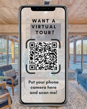 A smartphone displaying a virtual tour invitation with a QR code.