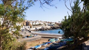 A coastal town with boats docked along the shore, stone walls, and buildings in the background. - Superior Seafront Apartment, Porís 6 (Porís de Abona)