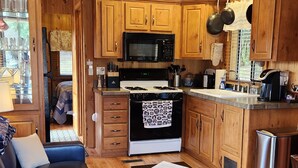 A cozy cabin interior with a living room, kitchen, and dining area.