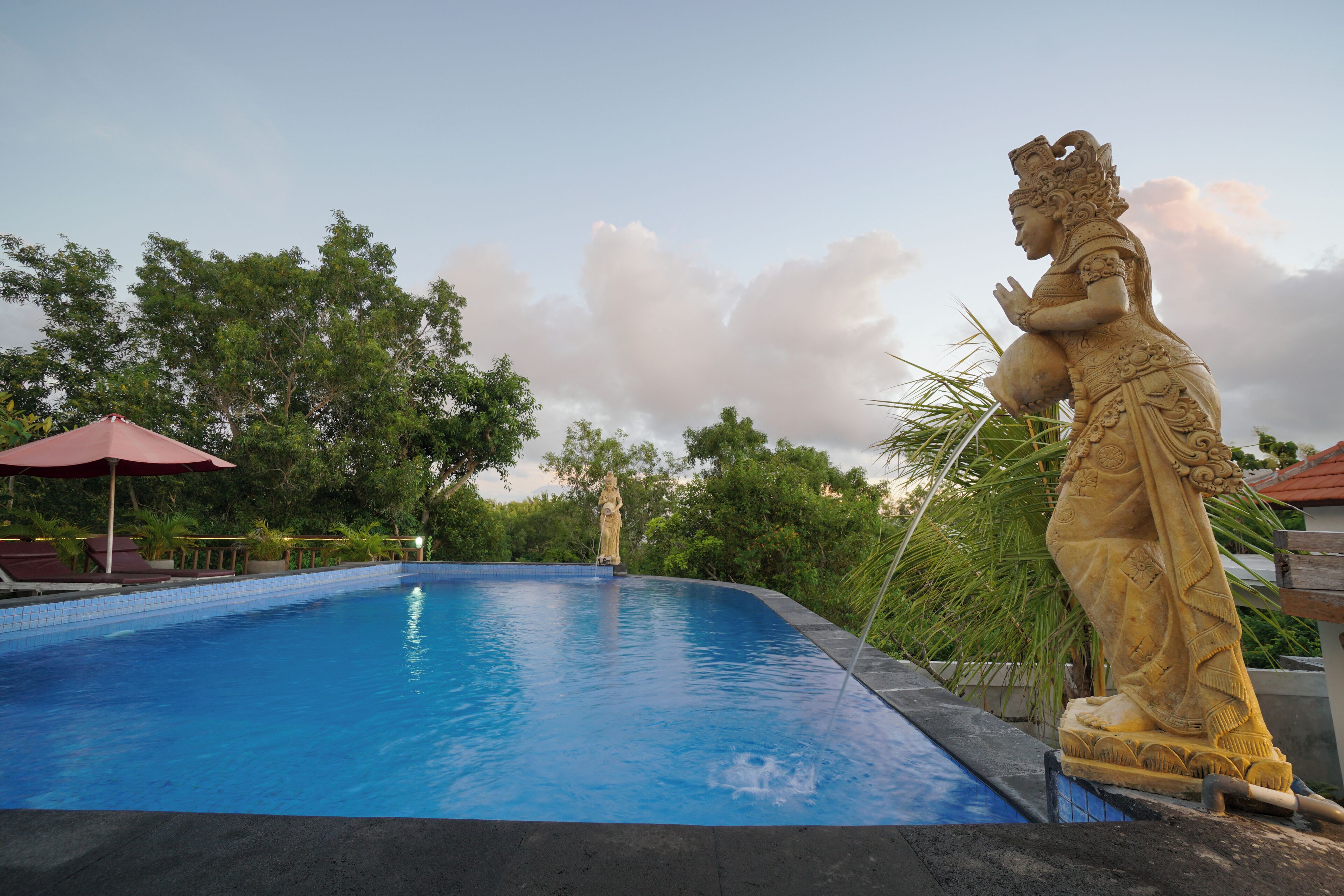 A swimming pool with a statue on the right side.