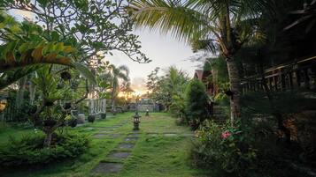 A garden pathway with stepping stones, surrounded by lush greenery and a stone wall.