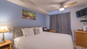 Une chambre à coucher comprenant un lit, un bureau, une chaise, un ventilateur de plafond, un téléviseur fixé au mur et un tableau accroché au mur.