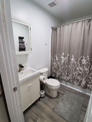 A bathroom with a toilet, sink, and shower curtain.