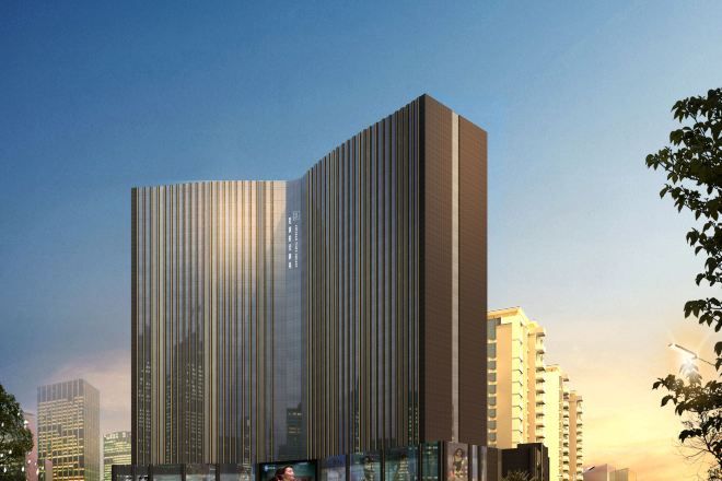 A modern high-rise building with a unique vertical design, surrounded by other high-rise buildings.