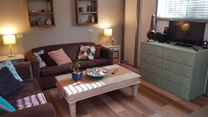 Smart TV, lareira, livros