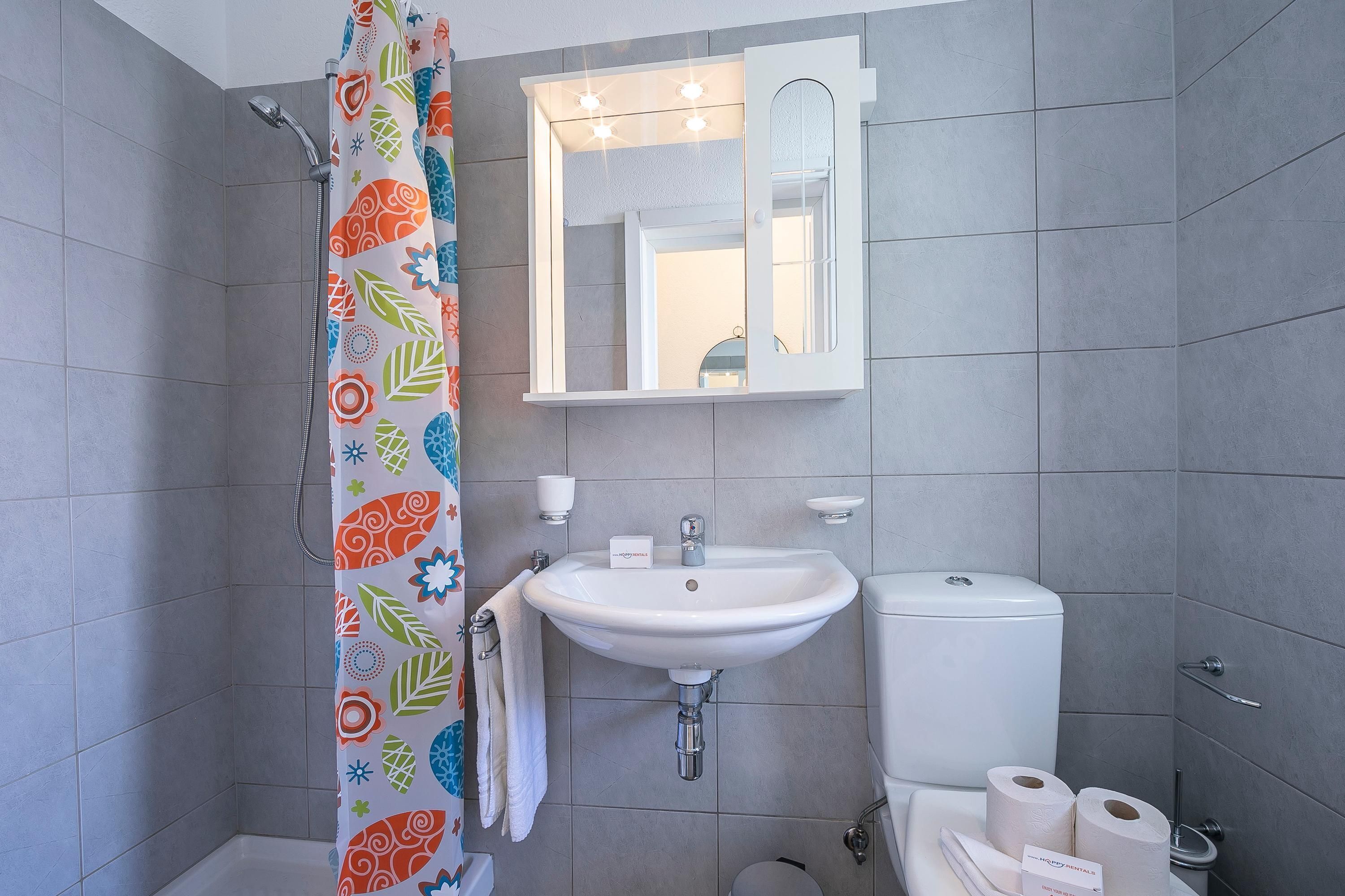 Un baño con ducha, lavamanos, inodoro y un espejo sobre el lavamanos.