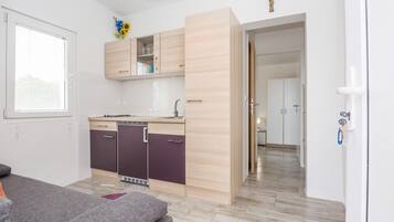 Klassiek appartement | Privékeuken | Een koelkast, een microgolfoven, een kookplaat, een broodrooster