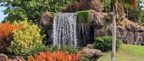 A waterfall cascading over rocks, surrounded by lush greenery and tropical plants.