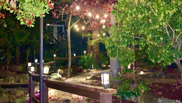 Un puente de madera sobre un sendero de grava con luces decorativas y follaje.