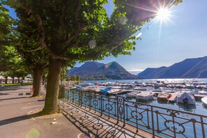 A marina with boats docked, a tree-lined walkway, and mountains in the background.
