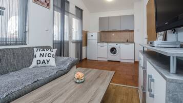 Family Apartment A1 | Living area | 100-cm flat-screen TV with satellite channels, TV