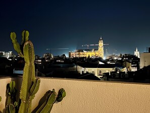 Ein nächtliches Stadtbild mit einem markanten Gebäude, das einen Uhrturm zeigt, umgeben von Wohngebäuden und einem Kaktus im Vordergrund.