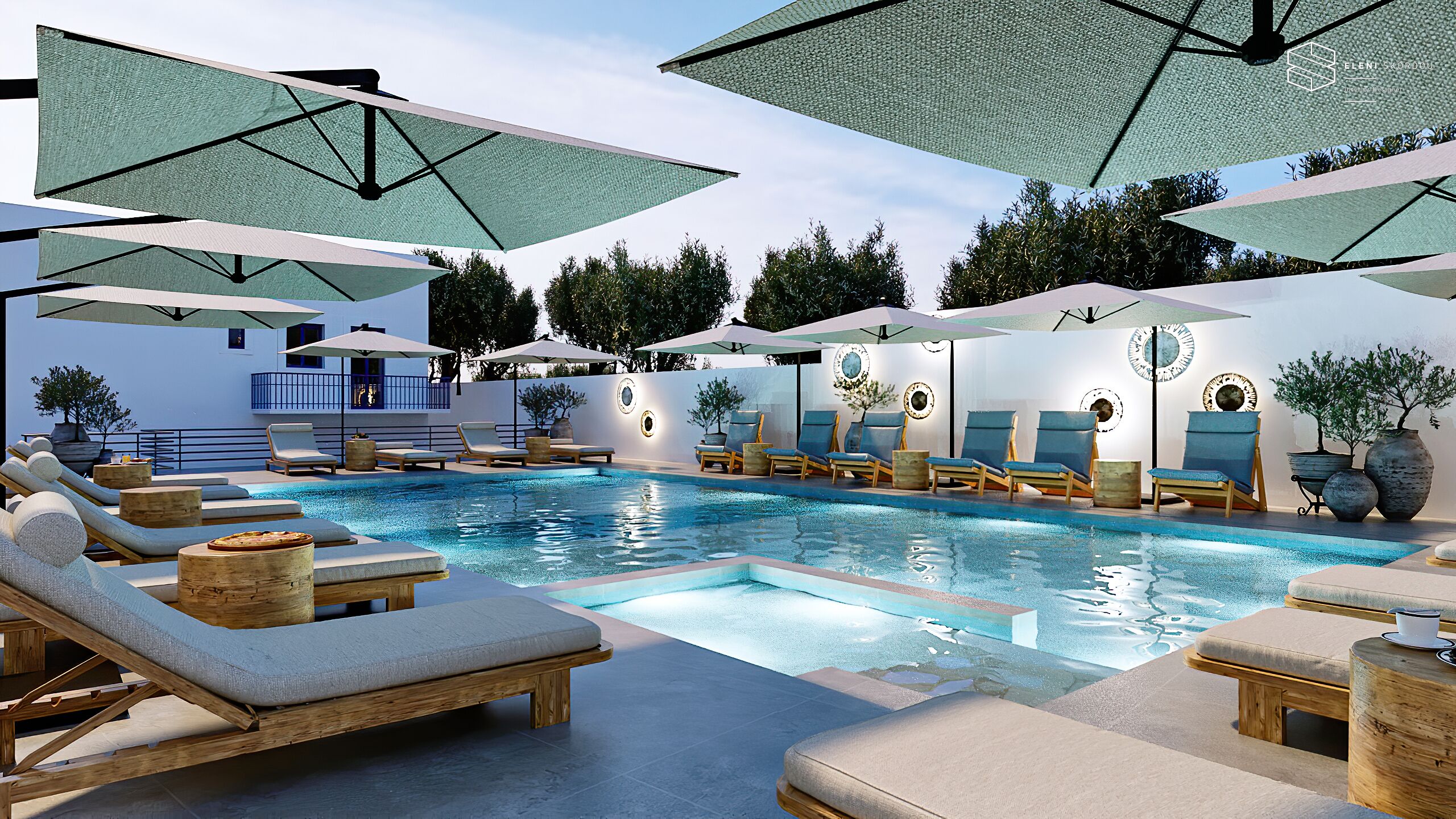 Alberca al aire libre por temporada y sombrillas en la alberca 