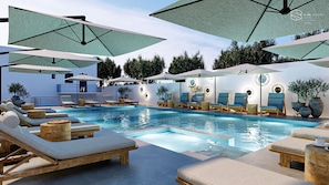 Piscina a l'aire lliure de temporada, para-sols i gandules 