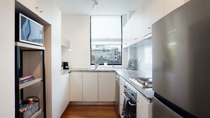 Fridge, microwave, oven, stovetop