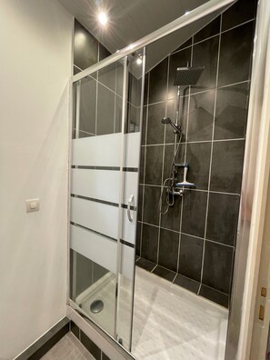 Shower, hair dryer, towels