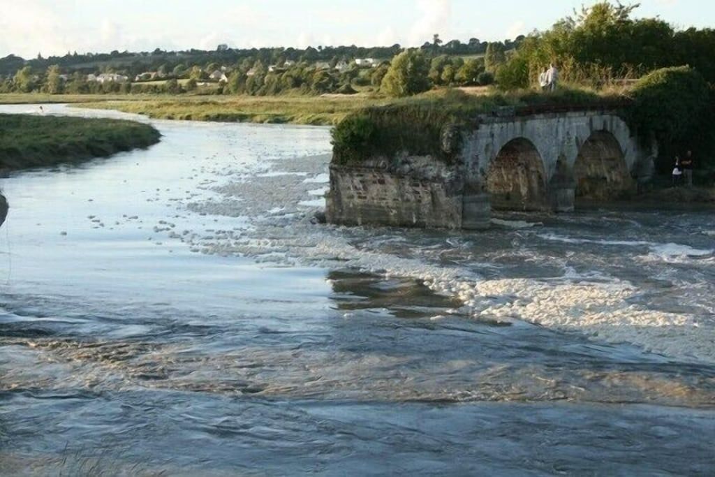 A river with a stone bridge and grassy banks.