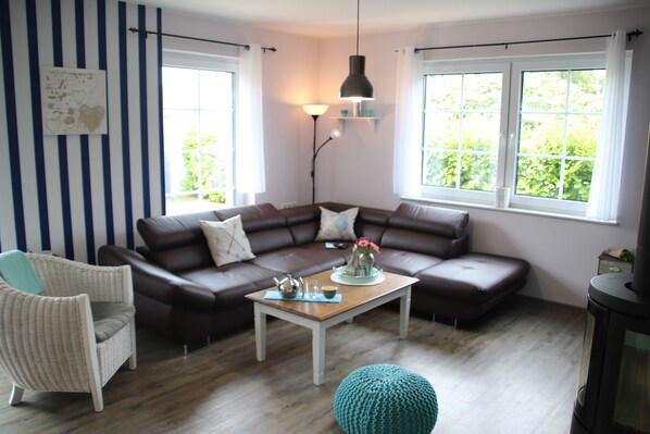 Smart TV, fireplace, DVD player, books