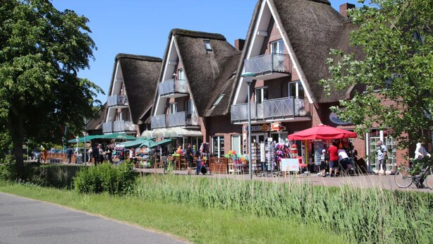 A row of traditional houses with thatched roofs, a street market with stalls, and people walking. - Luxurious FH near the dike, sauna, fireplace, garden, beach chair (8 adults & baby) (Butjadingen)