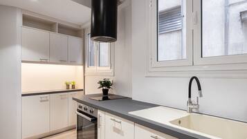 Deluxe Apartment | Private kitchen | Full-size fridge, microwave, oven, stovetop
