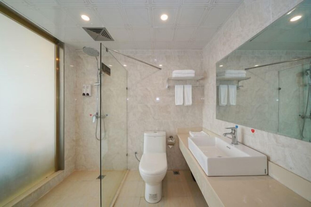 A modern bathroom with a glass-enclosed shower, a white toilet, and a large sink with a mirror above it.