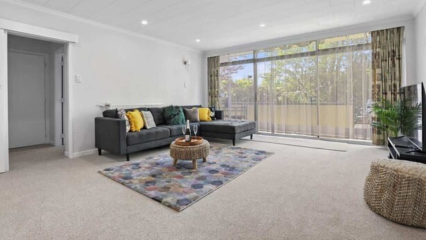 A spacious living room with a grey sofa, a patterned rug, and a large window with curtains.