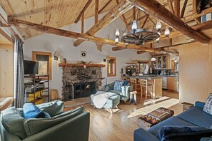 テレビ、暖炉、DVD プレーヤー、書庫