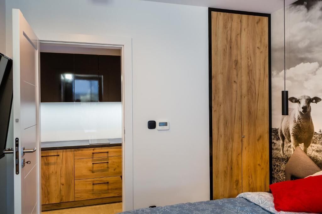 A bedroom with a bed, a wardrobe, a mirror, and a thermostat.