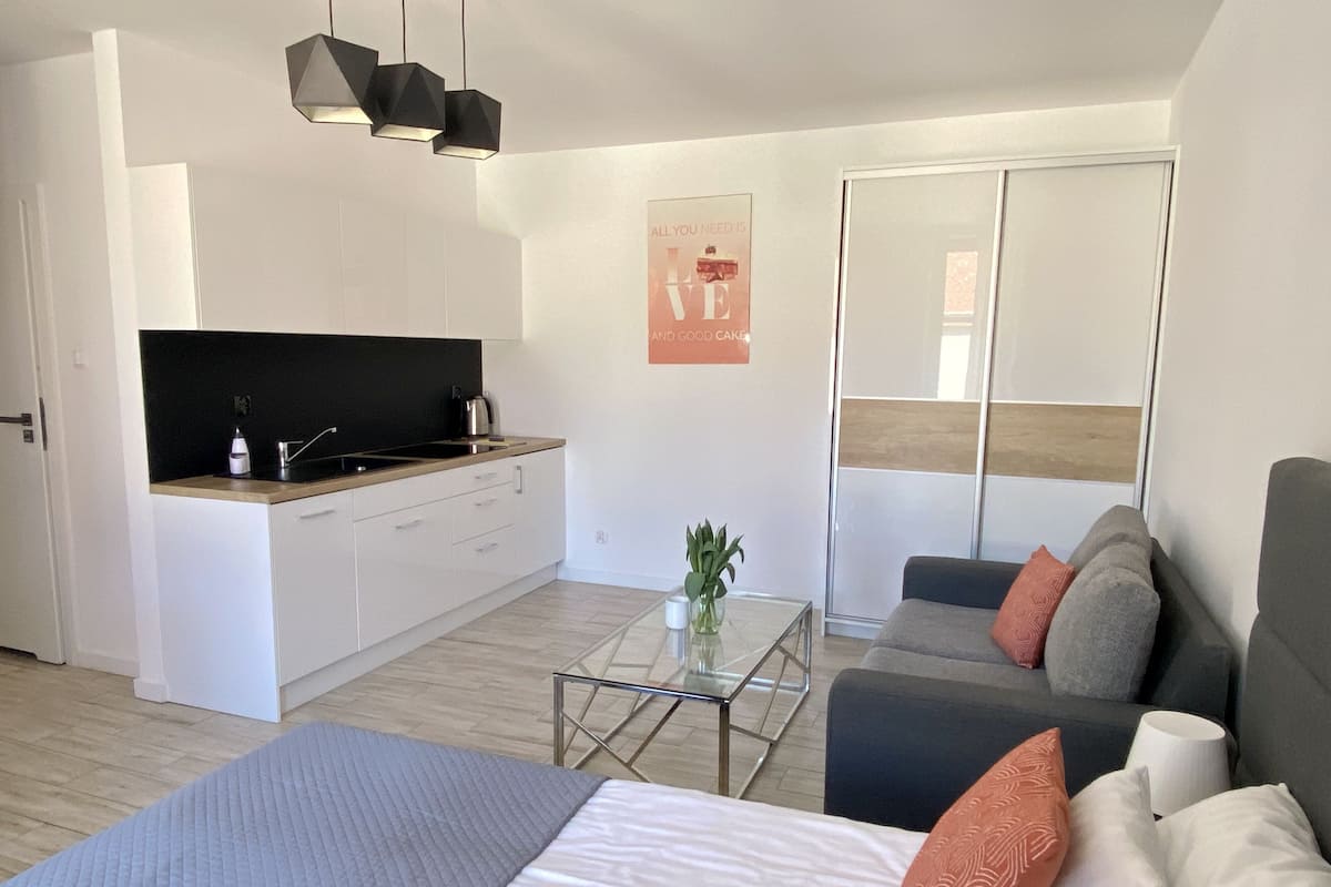 A modern living room with a sofa, a coffee table, and a bed. There is a kitchen area with a sink and a stove. A poster is visible on the wall.