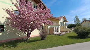 Una casa residencial con un césped cuidado, un árbol de flores rosadas y un cielo azul despejado.