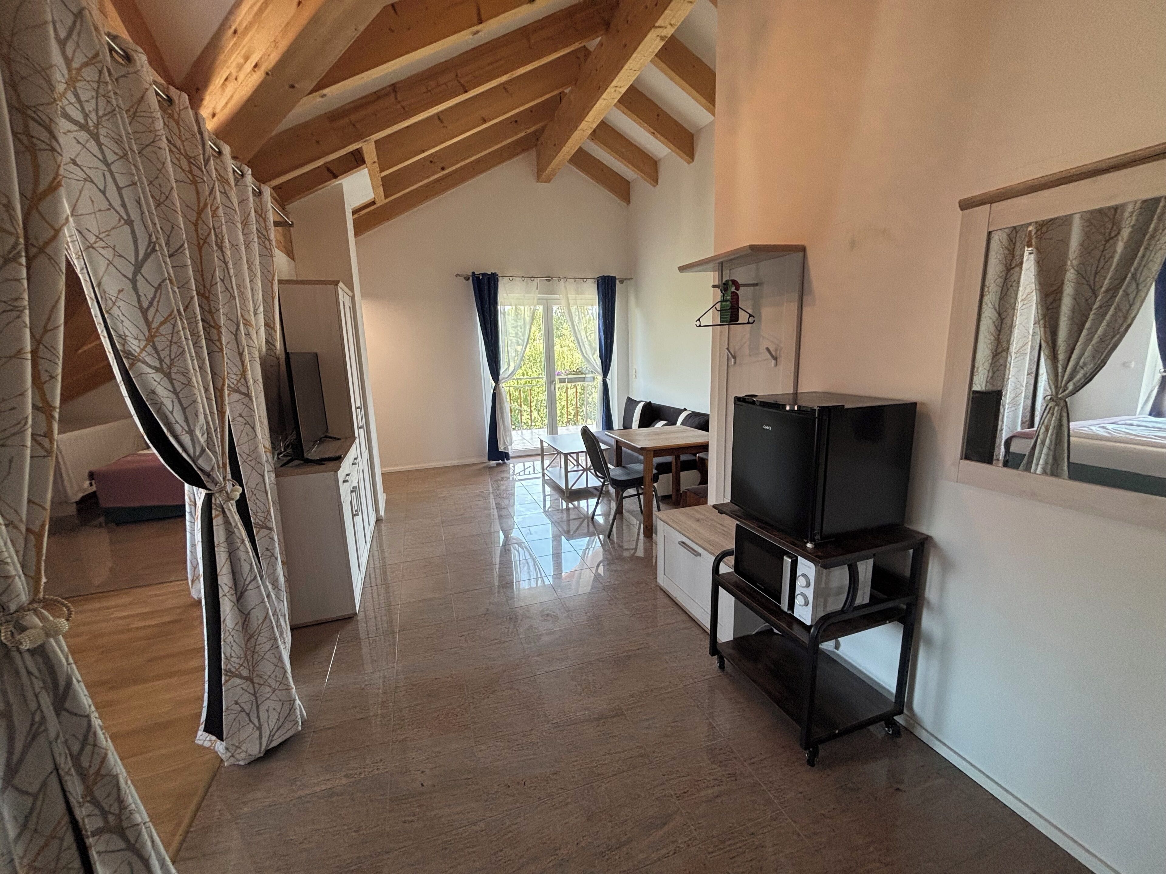 Eco-friendly toiletries, hair dryer, heated floors, towels