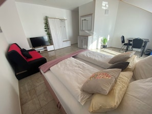 A hotel room with a bed, a sofa, a TV, a desk, and a wardrobe. - Pension am Weberhof (Steinhoering)