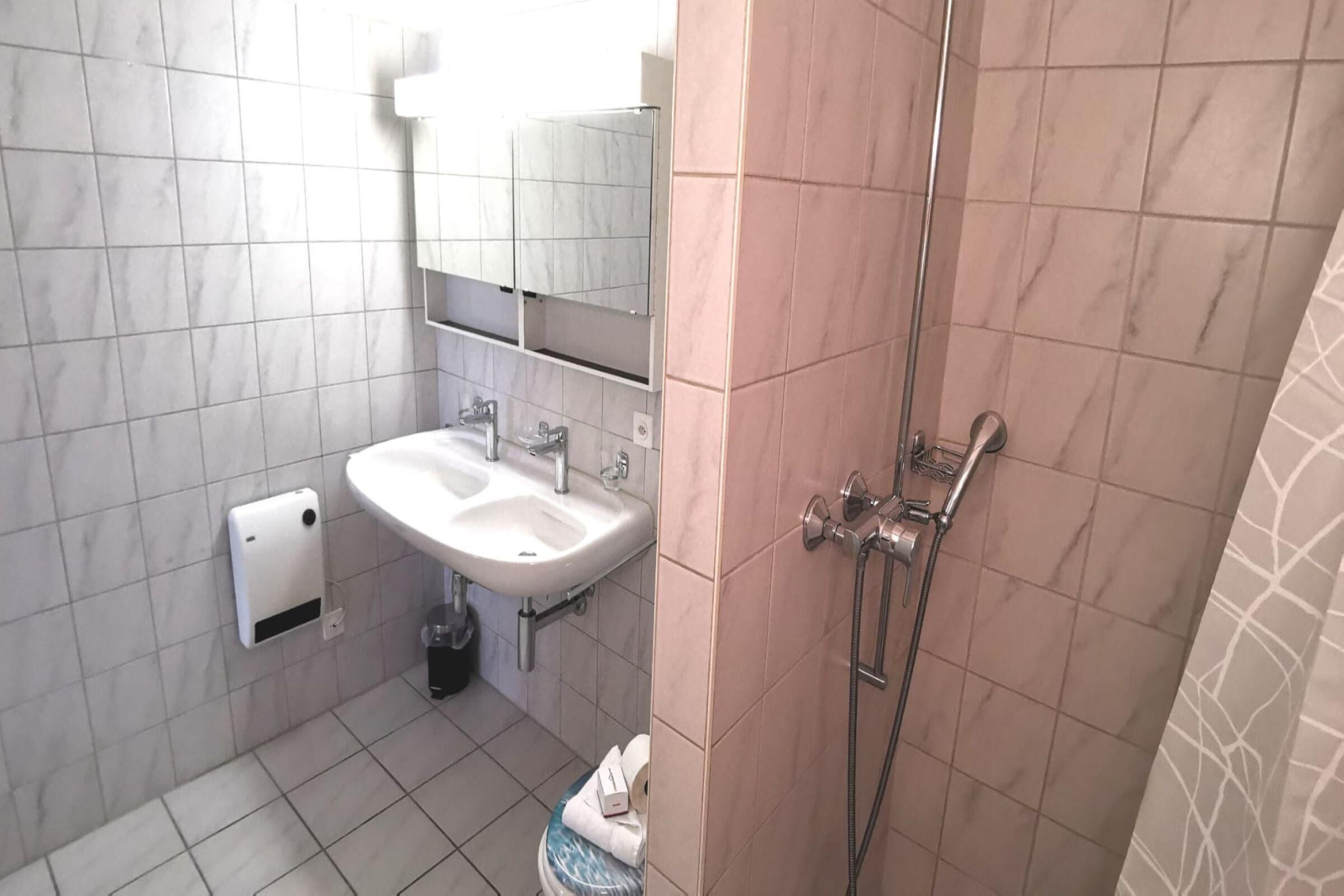 A bathroom with a sink, mirror, and shower.