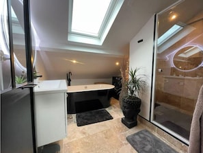 Shower, hair dryer, soap, shampoo