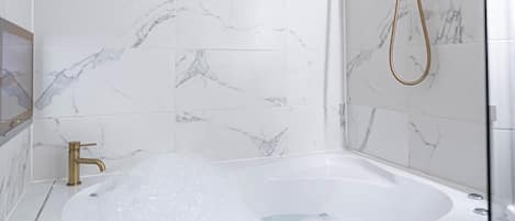 Combined shower/tub, jetted tub, hydromassage showerhead, hair dryer