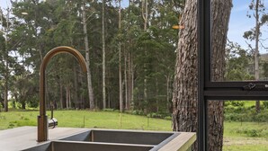 Een moderne buitenkeuken met een roestvrijstalen spoelbak en kraan, gelegen voor een achtergrond van hoge bomen en een gazon.