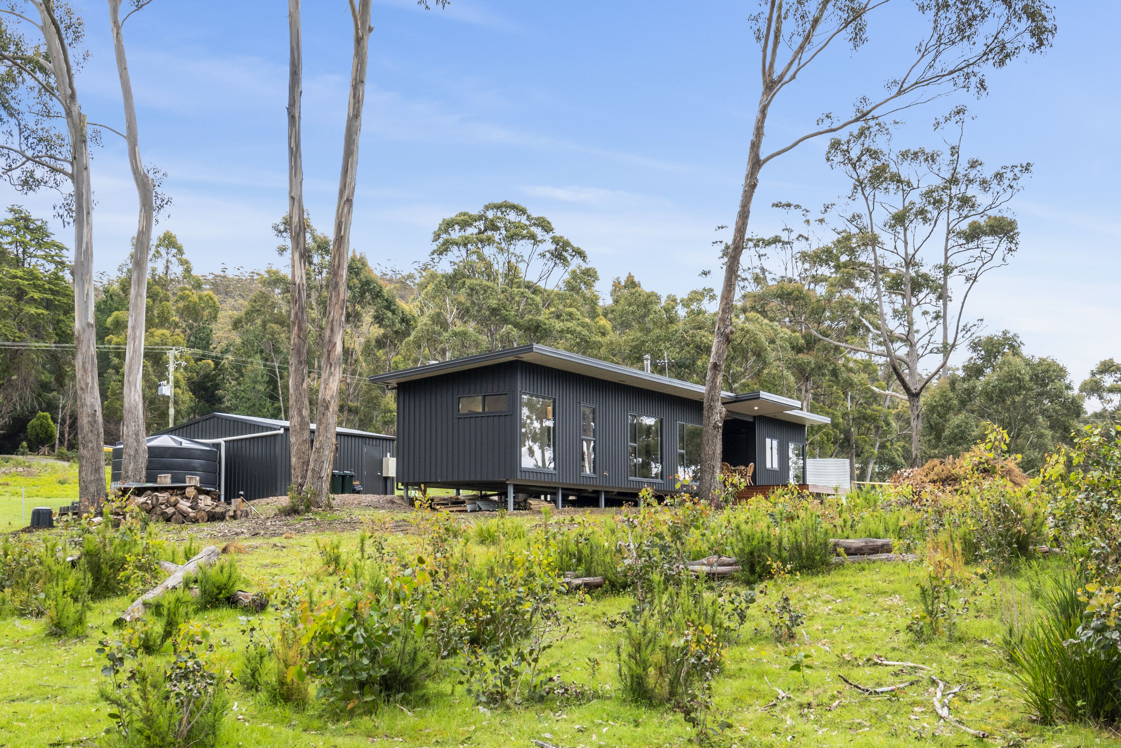 Una cabaña moderna de color oscuro con techo plano, rodeada por un paisaje natural con árboles y césped.