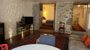A living room with a stone wall, a television on a stand, a Christmas tree, and a sofa with orange cushions. - Les Rêveries-beautiful apartment in the heart of the historic center (Annecy)