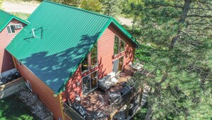 Uma cabana de dois andares com telhado verde, um deque e vista para uma área arborizada.