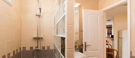 A bathroom with a shower, a sink, and a door leading to a kitchen area.