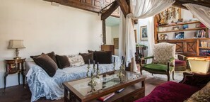 Télévision, cheminée, lecteur de DVD, livres