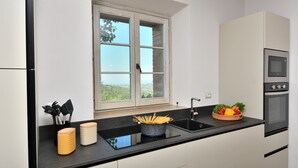 A modern kitchen with a black countertop, a window with a view, a sink, and a built-in oven.