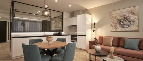 Standard Apartment | Private kitchen | Fridge, microwave, oven, stovetop