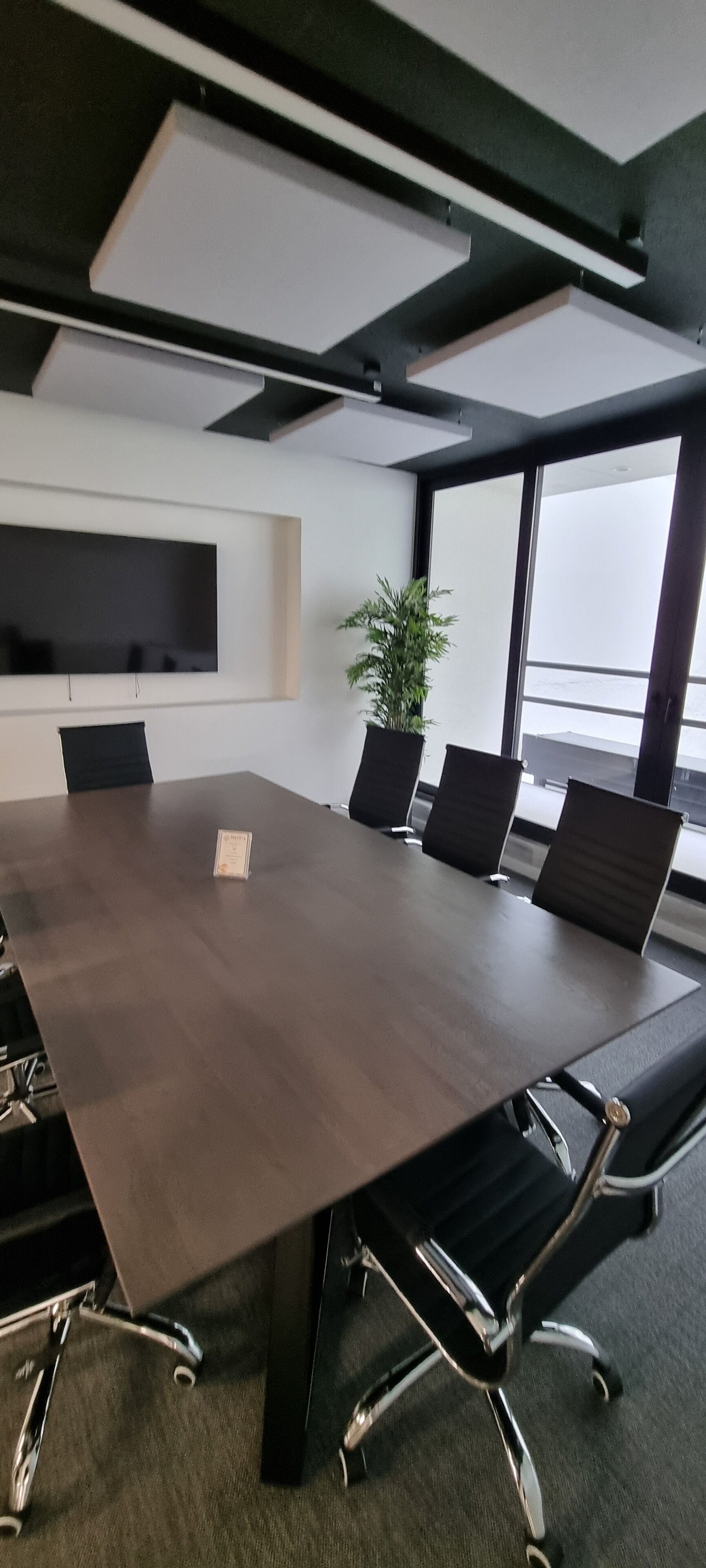 A conference room with a long table, four chairs, a potted plant, and a large window.