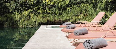 Indoor pool, outdoor pool, sun loungers