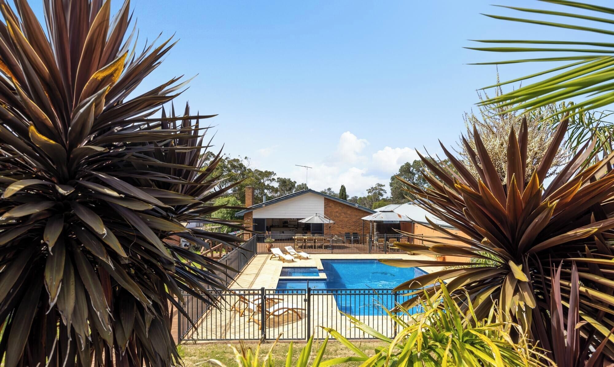 Uma área de piscina com uma casa ao fundo, rodeada por plantas tropicais.
