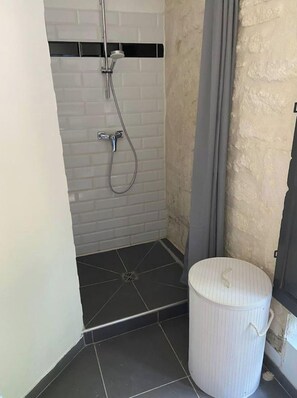 Shower, towels, soap, toilet paper